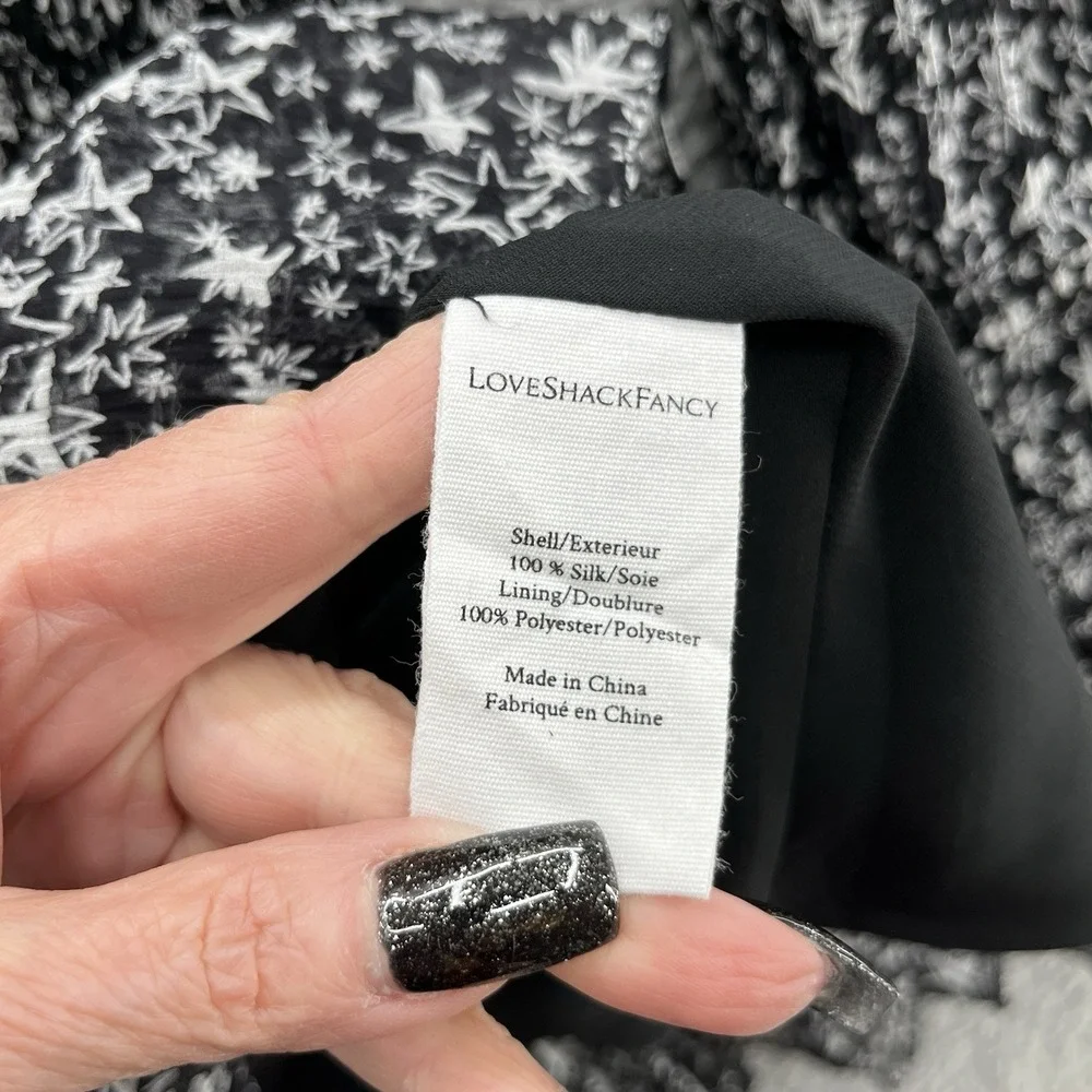 LoveShackFancy Dress XS Blk Scarlett Evening Star Print Smock Ruched Ruffle Mini - Picture 7 of 15